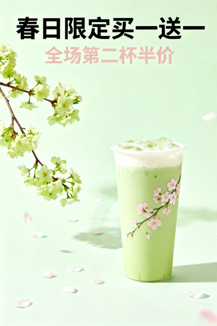 春日奶茶店促销海报，清新治愈风格，整体采用淡绿色和浅粉色配色，画面带有樱花装饰元素，主标题文字为“春日限定买一送一”，副标题文字为“全场第二杯半价”，简约排版，高清商用海报预览效果
