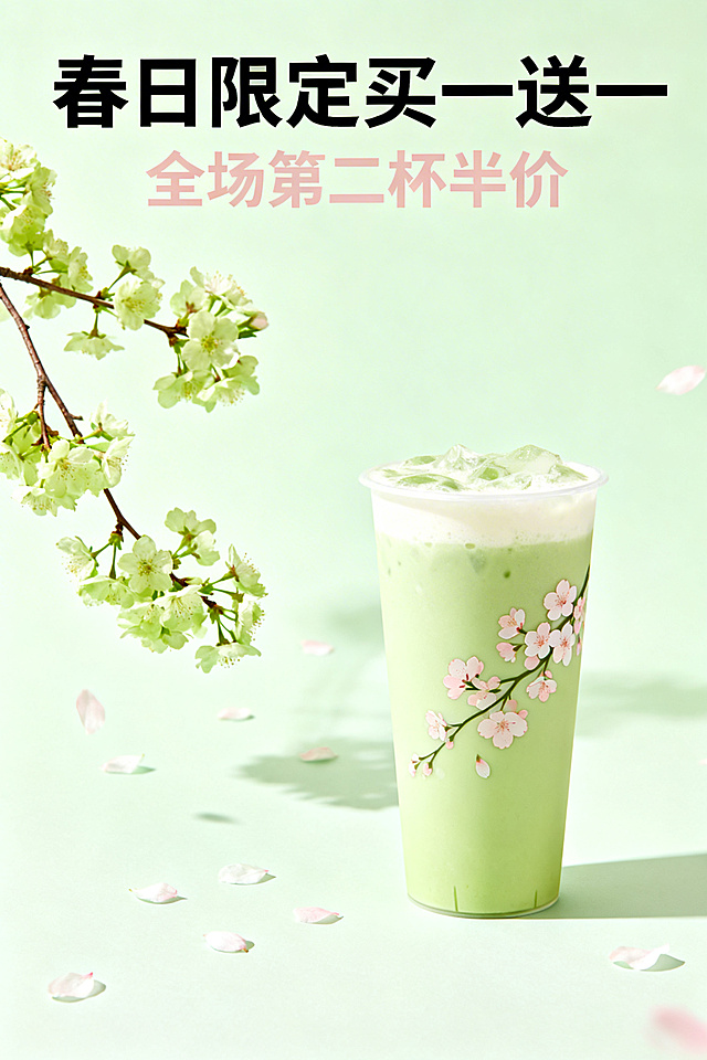 春日奶茶店促销海报，清新治愈风格，整体采用淡绿色和浅粉色配色，画面带有樱花装饰元素，主标题文字为“春日限定买一送一”，副标题文字为“全场第二杯半价”，简约排版，高清商用海报