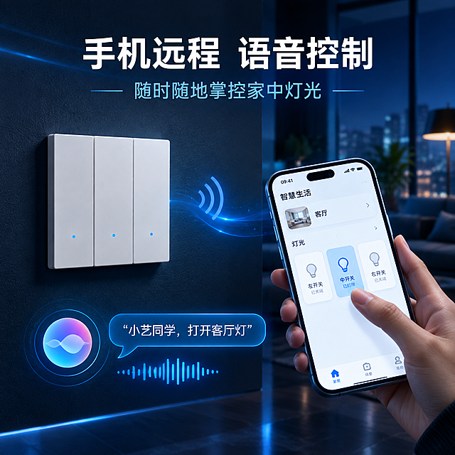 [主图-4] 场景使用图，展示手机远程控制+小艺语音控制的真实使用场景。
[统一基调] 深蓝暗调高级科技感背景，深邃藏蓝色到黑色渐变，带有细腻科技感光点粒子和淡蓝色光线线条，蓝光氛围。主标题白色粗体大字，副标题浅蓝灰色，强调色为科技蓝。字体为现代无衬线体，字号层级分明。卡片和图标采用圆角矩形、半透明玻璃质感。
[画面] 画面左侧展示三开白色智能开关安装在深色墙面上，产品外观与输入图完全一致，三个蓝色指示灯微微发光。右侧展示一只手拿着手机，手机屏幕显示华为智慧生活APP开关控制界面，手指正在点击屏幕。开关和手机之间有蓝色发光的连接线或信号波纹，表示远程控制。下方有语音波纹图标和"小艺同学，打开客厅灯"的对话气泡，展示语音控制功能。
[光影质感] 商业摄影质感，开关安装在墙面上有自然的投影，手机屏幕发光照亮手部。整体光线偏暗调科技感，蓝色光效点缀，营造高级智能家居氛围。
[配色] 深蓝黑背景，深色墙面，白色开关面板，科技蓝光效和连接线，手机屏幕亮白光。
[文字版式] 上方主标题"手机远程 语音控制"白色粗体大字，副标题"随时随地掌控家中灯光"。画面中有对话气泡展示语音指令文字，手机屏幕显示APP界面。文字布局合理，不遮挡产品主体。
[输出要求] 1:1正方形，2048×2048，2K分辨率，文字清晰锐利，产品清晰不变形。禁止变形、错字、模糊、杂乱、水印、平台Logo。禁止改变产品外观结构和点位。禁止手部畸形、手指穿模。