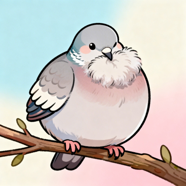 一只可爱的卡通斑鸠正在整理理顺自己的羽毛，画风软萌可爱，色彩柔和，整体风格治愈，画面清晰干净预览效果