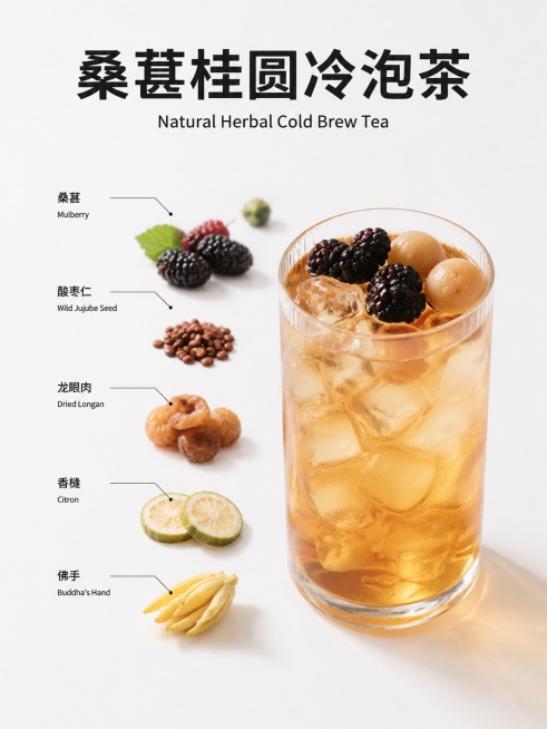 ins极简美食商业海报风格，横版3:4，极简纯白色留白背景，柔和柔光静物摄影，一杯装满冰块的冷泡茶玻璃杯置于画面右侧，杯顶装饰桑葚与桂圆。画面左侧散落原生食材原料，包括桑葚、酸枣仁、龙眼肉、香橼、佛手预览效果