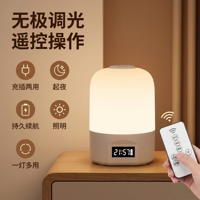 [主图-2] 小夜灯核心卖点展示图。氛围风格：家居温馨治愈风，保持整体光影与配色风格统一。画质：商业摄影质感，光线柔和通透，产品清晰真实，画面干净高级。元素：产品主体完整展示在画面中，遥控器细节放大特预览效果