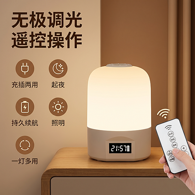 [主图-2] 小夜灯核心卖点展示图。氛围风格：家居温馨治愈风，保持整体光影与配色风格统一。画质：商业摄影质感，光线柔和通透，产品清晰真实，画面干净高级。元素：产品主体完整展示在画面中，遥控器细节放大特写放在产品旁侧，突出遥控操作的便捷性，背景为简洁暖咖色系卧室墙面。保持产品外观（物理结构、材质质感、颜色）与输入产品图绝对一致，杜绝任何变形和色差，精细化处理。商品主体占比70%左右，画面满屏无边框。光影：产品本身柔光作为主光源，细节处补光清晰，整体暖调柔和通透，阴影层次自然。配色：主色调暖咖色，和首张保持统一。视角构图：平视特写，焦点落在遥控器按键区域，景深较浅突出细节。文字版式：左上放置主标题“无极调光 遥控操作”，深棕色粗体大字，右侧分两列排列卖点：左侧图标右侧文字，「充插两用」「持久续航」「一灯多用」，每个卖点配简约圆形图标，大小对比清晰，不遮挡产品主体，文字与背景对比清晰。比例分辨率：1:1比例，2k分辨率，文字清晰锐利，画面超高清。负向提示词：变形，水印，文字错乱，产品图模糊，背景杂乱，遮挡主体。