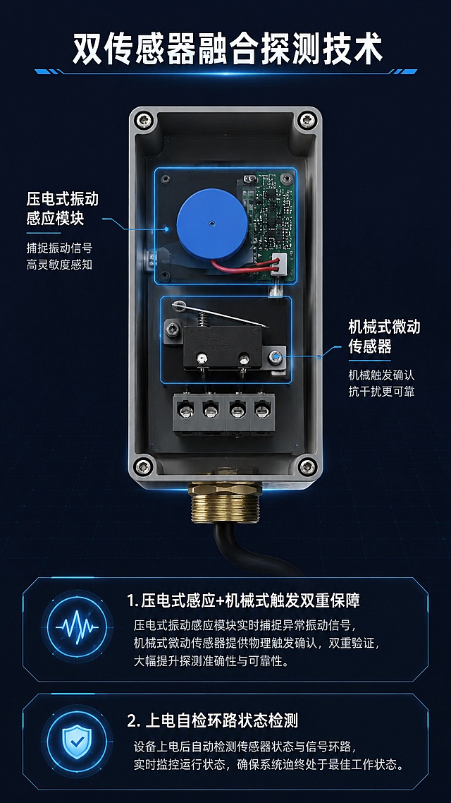 [第4屏] 核心技术原理，可视化展示双传感器探测结构。本屏使用【图1】产品外观参照。
[氛围/风格] 工业科技图解风，专业易懂，结构清晰。
[元素布局] 顶部标题，中部为产品结构剖面示意图，标注压电式振动感应模块和机械式微动传感器位置，下方文字分两点说明工作原理，整体结构清晰，重点突出。保留产品外壳形状和尺寸比例与原图一致。
[光影质感] 结构线条清晰，标注明确，光影均匀，示意图层次分明。
[配色色系] 全局底色 #121826，主色浅蓝结构线，白色标注文字，灰色产品外壳，科技感配色。
[视角构图] 中心剖面结构，上下文字标注，稳定居中构图。
[文字版式] 主标题「双传感器融合探测技术」，分点说明：「压电式感应+机械式触发双重保障」「上电自检环路状态检测」，标注清晰，文字不遮挡核心结构。
[比例分辨率] 9:16竖版比例，4K分辨率，文字清晰可辨，高清画质。
[负向提示词] 结构错误，产品变形，文字错乱，标注模糊，颜色偏差。