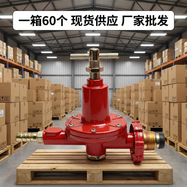 修正仓库现货批发主图，前景放置1个红色液化气高压阀产品，背景是仓库里堆放的整箱货物箱子，保留文案"一箱60个 现货供应 厂家批发"，背景为仓库场景，专业高级电商风格，高清质感，1:1比例，jpg格式预览效果