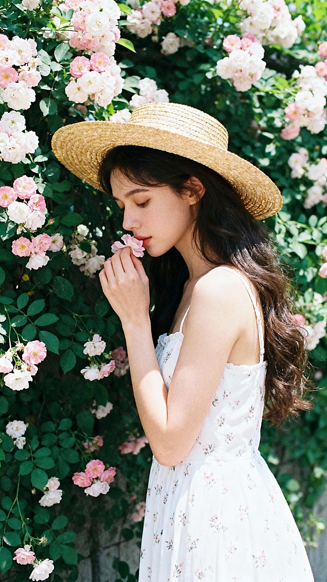 法国漂亮女生，创作一张法式田园风少女写真：长发女生戴宽檐草编帽，穿白色碎花吊带连衣裙，站在开满粉白蔷薇的绿藤墙前，低头轻嗅花瓣，阳光柔和洒落，画面色调清新柔和，氛围慵懒浪漫，呈现胶片相机拍摄的细腻质感