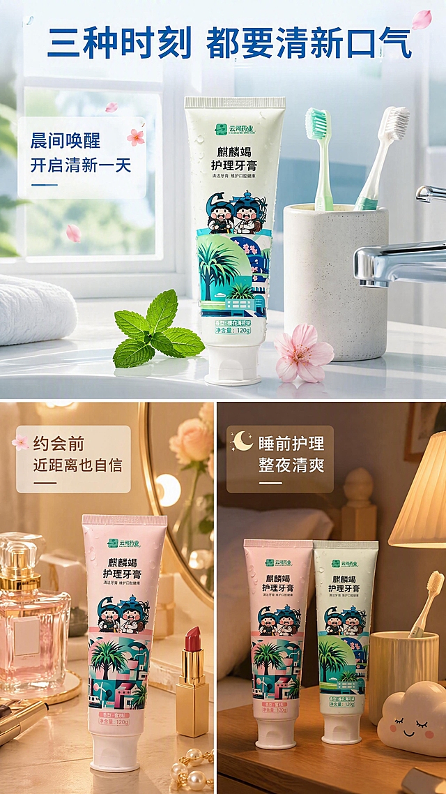 [第7张] 详情页使用场景页-多场景日常种草。本张使用【图2】两支牙膏分别融入不同场景。
[氛围/风格] 三格拼图式场景展示，生活感满满，明亮温馨，每格一个使用时刻，整体风格统一清新。
[元素布局] 上格：晨间洗漱台场景，阳光从窗户洒入，樱花薄荷味牙膏放在洗手台旁，配牙刷和杯子，占画面1/3；左下格：约会前补刷场景，蜜桃味牙膏放化妆台旁，周围有口红、香水，占画面1/3；右下格：睡前护理场景，暖光卧室床头柜，两支牙膏并排放在牙杯旁，占画面1/3；所有牙膏外观与输入图一致。
[光影质感] 每格各自自然光源，晨间冷白光、化妆台暖光、卧室暖黄光，整体明亮通透。
[配色色系] 全局以浅蓝白为基底，三格各有氛围色但统一协调；主色白、木色；辅助色粉、绿、浅蓝。
[视角构图] 三宫格拼图布局，阅读动线从上到下、从左到右依次浏览三个场景。
[文字版式] 顶部通栏大标题「三种时刻 都要清新口气」；每格内配场景小标题：「晨间唤醒 开启清新一天」「约会前 近距离也自信」「睡前护理 整夜清爽」；文字简洁不挡主体。
[比例分辨率] 9:16 竖版比例，4K 分辨率，文字清晰可辨，高清画质。
[负向提示词] 产品变形，颜色偏差，包装文字错乱，水印，文字过小，场景杂乱。