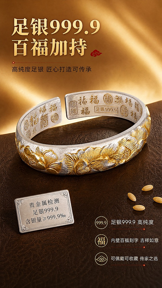 [商品] 使用【图2】足银手工锤纹牡丹开口手镯；保留开口C型结构、内壁百福刻字、金色牡丹浮雕、银色镯身；将手镯轻微翻转，清晰展示内壁百福文字细节与银质纯度标识，增强内壁文字清晰度。
[画面] 目标：第4张材质与寓意，突出足银999.9高纯度与内壁百福吉祥寓意。构图：竖版9:16，手镯斜向放置于画面中部，开口朝上，内壁百福刻字清晰可见，占画面约50%；镯身下方铺垫深棕色真皮质感垫，左侧放置一枚小型银质检测标识牌（示意），右侧散落3-4粒真实小米粒作尺寸参照；背景为暖金色渐变光晕。阅读动线：左上主标题→中部产品内壁展示→右下卖点文字。
[视觉] 套系策略：风格=东方新中式轻奢商业摄影；标题字=宋体衬线粗体（雅致厚重）；正文字=现代简洁无衬线体；主色=暖金+米白+深木棕；背景延展=基于暖金与深木棕做深浅渐变、同色晕染和细腻丝绸/宣纸质感；强调色=朱砂红，仅用于小面积图标、引线和标签点缀；标题色=暖金色；正文色=深棕灰；组件=圆角金线信息卡、细金线引线、祥云纹小图标；光影=顶部柔光均匀打亮内壁文字，侧光勾勒镯身轮廓，底部有柔和投影。
[文字] 左上主标题「足银999.9 百福加持」，副标题「高纯度足银 匠心打造可传承」；右侧竖向排列（文字横排）3个卖点：「足银999.9 高纯度」「内壁百福刻字 吉祥如意」「可佩戴可收藏 传家之选」。文字不遮挡内壁百福字核心区域。
[规格] 图片比例9:16竖版，4K分辨率，负向提示：避免变形、错字、文字过小、冷蓝色调、塑料质感、内壁文字模糊、手镯结构改变、虚假检测标识、二维码、水印、绝对化用语。