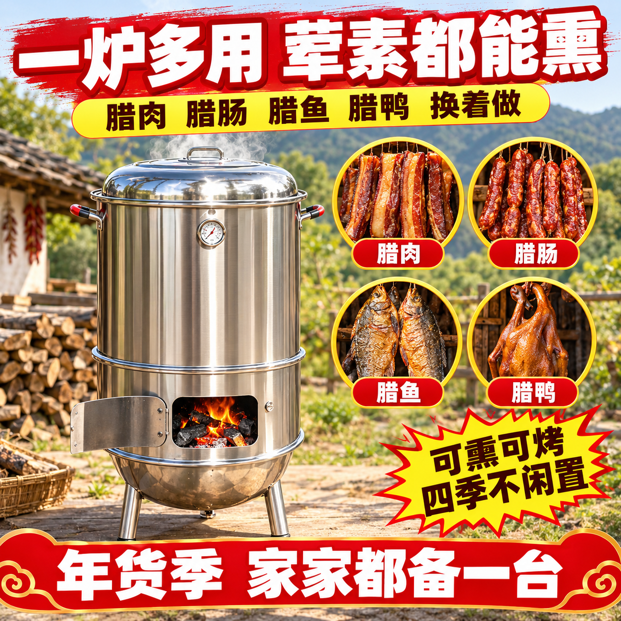[主图-6] 一炉多用/持续使用价值图：熏腊肉、腊肠、腊鱼、腊… - 图片创意预览