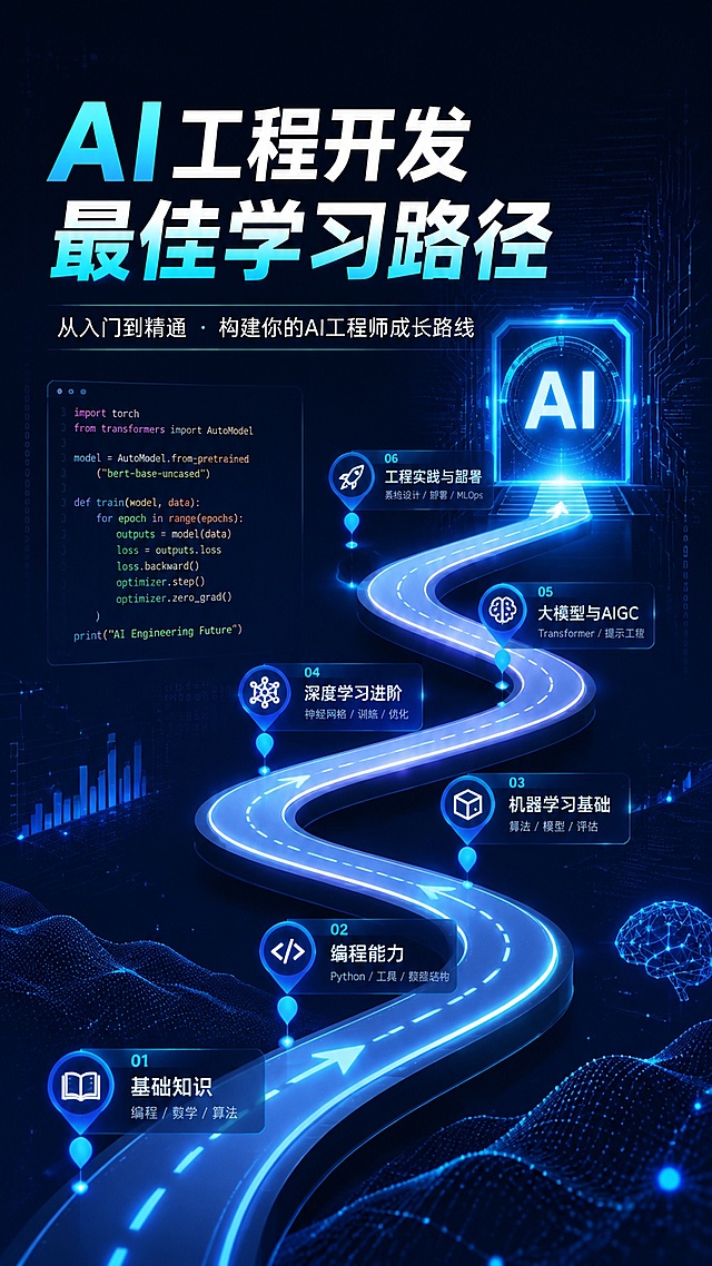 搜狐号封面图，主题是AI工程开发最佳学习路径，现代科技感设计，搭配代码、路线元素，标题文字清晰醒目"AI工程开发最佳学习路径"