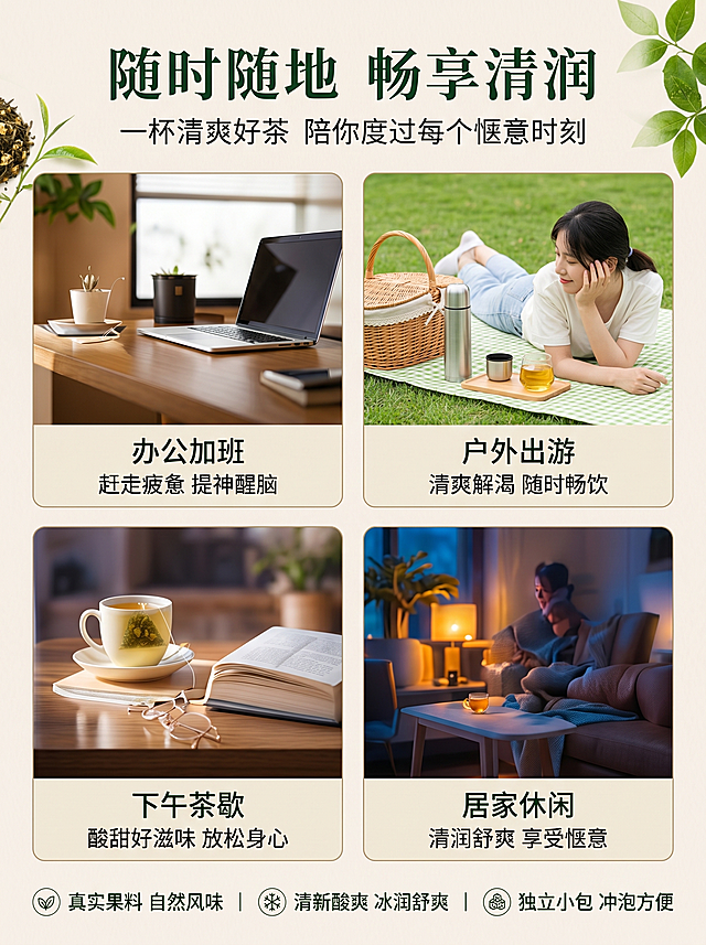 [场景展示详情图] 薄荷青桔柠檬茶多场景饮用展示详情图，延续整体清新绿色风格。
[画面主体] 顶部大标题，下方分四个小图展示不同饮用场景，每个场景配一句说明文字。四个场景依次是：办公加班（办公桌茶杯电脑）、户外出游（户外草地人物）、下午茶歇（书桌茶杯书本）、居家休闲（客厅沙发灯光）。
[文字版式] 顶部深绿色大标题 "随时随地 畅享清润"，下方小字 "一杯清爽好茶 陪你度过每个惬意时刻"。每个场景图下方配说明文字：办公加班 赶走疲惫 提神醒脑；户外出游 清爽解渴 随时畅饮；下午茶歇 酸甜好滋味 放松身心；居家休闲 清润舒爽 享受惬意。
[背景风格] 浅米色背景，左下角和顶部点缀绿色叶子装饰，整体排版整齐干净，和整体详情风格统一。
[光影质感] 自然明亮光线，每个场景图清晰舒适，文字清晰易读，整体干净清新。
[比例分辨率] 3:4 比例，2K分辨率，文字清晰可辨。
[负向提示词] 变形，水印，文字错乱，错字，场景错误，背景杂乱