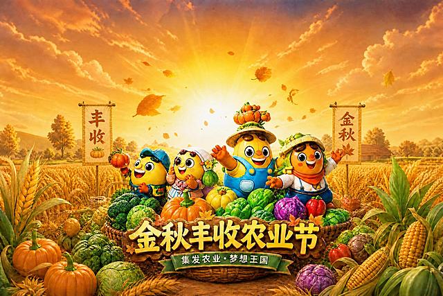 将画面左右两侧的"丰收"和"金秋"两面旗子整体缩小40%，旗子位置保持不变，其他所有元素（卡通人物、蔬菜水果、文字、背景田野天空等）保持原样不动，整体风格和色调一致