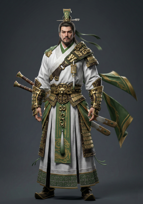 将图中古风武将转换为3D游戏CG OC渲染质感，45度侧光，边缘光，构图为角色正面中景面朝镜头，镜头平视预览效果