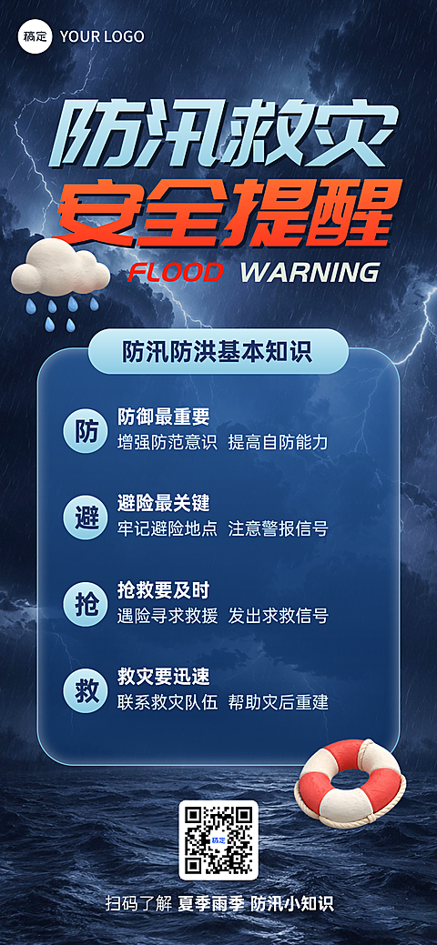 暴雨预警防汛防洪台风救灾宣传科普手机海报
