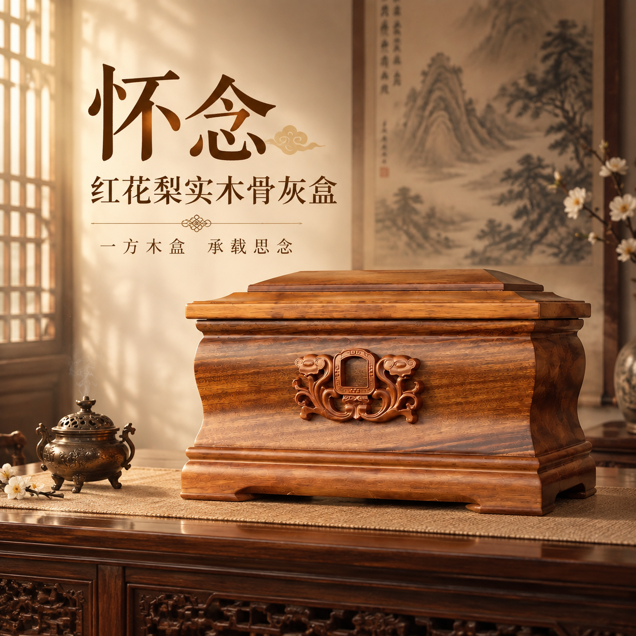 [主图-1] 产品主视觉首图，展示怀念红花梨实木骨灰盒整体形象… - 图片创意预览