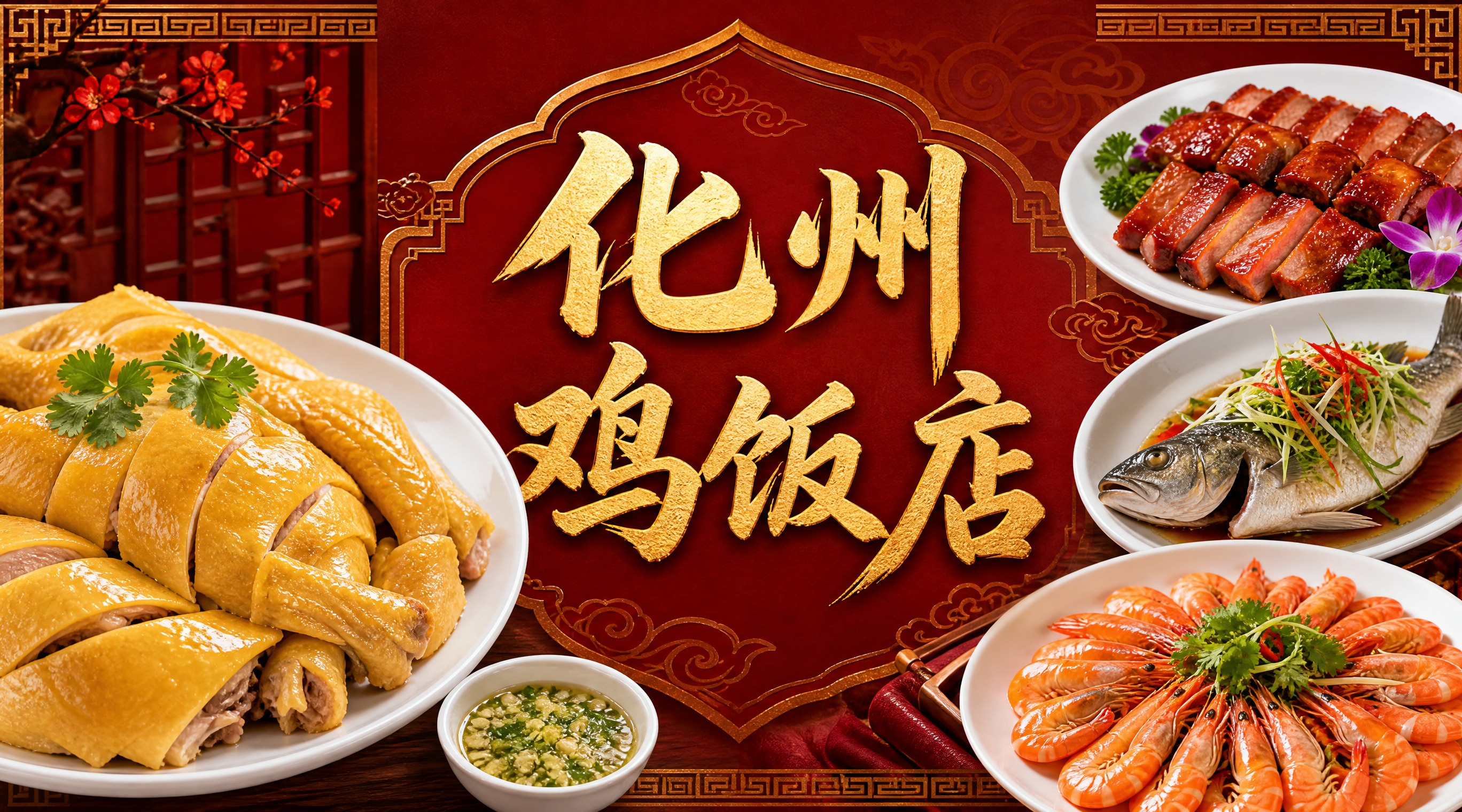 化州鸡饭店店招设计，702x392横版。画面中央是书法大字"化… - 图片创意预览