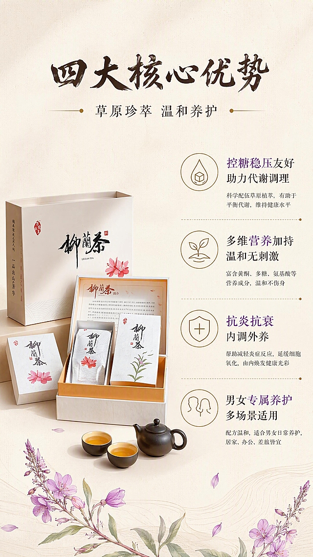 [第3张] 核心卖点页 - 四大核心优势拆解。本张使用【图3】【图4】作为礼盒产品主体参考，保留包装外观一致性。
[氛围/风格] 东方雅致茶礼风，温润米色背景，信息图表化排版，清晰专业有品质感。
[元素布局] 画面左侧为柳兰茶礼盒套装（大礼盒+内盒+茶袋）45°侧立摆放，占画面约35%；右侧为四大核心卖点分区展示，用细线图标+短标题+简述的形式排列；背景为浅米色带细微纹理，底部有淡紫色柳兰花枝装饰；产品包装结构、字体、颜色与输入图完全一致。
[光影质感] 柔和均匀顶光，礼盒表面细腻有质感，阴影柔和不生硬，整体明亮干净。
[配色色系] 全局底色 #F7F3EB（浅米茶色）；主色：白色礼盒+深褐文字；辅助色：紫色柳兰+绿色叶片+金色点缀。
[视角构图] 左产品右信息的左右分栏构图，阅读动线从右上主标题 → 右侧四大卖点自上而下 → 左侧产品呼应。
[文字版式] 右上主标题「四大核心优势」书法体大字，下方副标题「草原珍萃 温和养护」；四大卖点分四行纵向排列，每行配简约线描图标：①「控糖稳压友好 助力代谢调理」②「多维营养加持 温和无刺激」③「抗炎抗衰 内调外养」④「男女专属养护 多场景适用」；每个卖点下方有一行小字补充说明；字体全套统一（书法标题+宋体正文），字色深褐色为主，重点词用紫色或金色高亮，文字清晰手机端可读。
[比例分辨率] 9:16竖版比例，4K分辨率，文字清晰可辨，高清画质。
[负向提示词] 礼盒变形，包装文字错乱，颜色偏差，水印，文字过小模糊，图标杂乱，背景脏污。