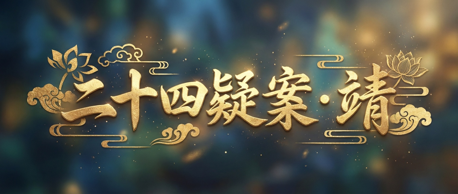生成艺术字“二十四疑案·靖”，采用图中金色烫金质感，带有精致装饰元素和朦胧背景的风格预览效果