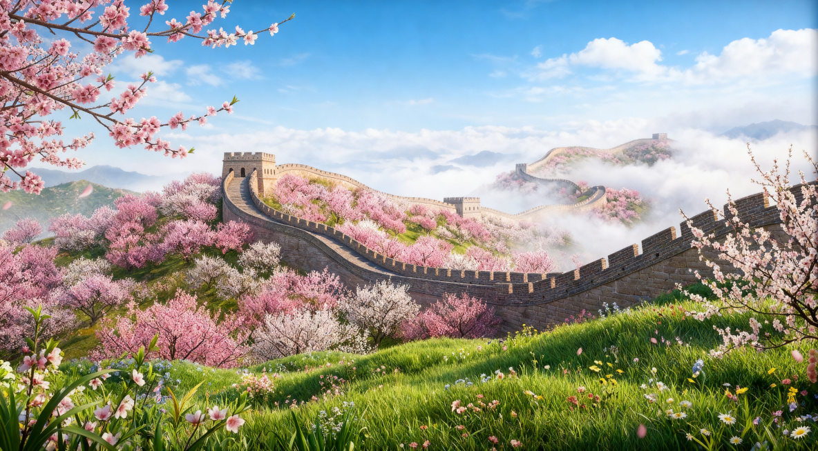 将这张图片提升为超级高清8K画质，增强细节清晰度，满足线下印刷大背景板的要求，保留原始画面内容：春季开满粉色桃花的长城，绿色草地，蓝天白云云海预览效果