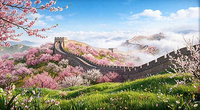 将这张图片提升为超级高清8K画质，增强细节清晰度，满足线下印刷大背景板的要求，保留原始画面内容：春季开满粉色桃花的长城，绿色草地，蓝天白云云海