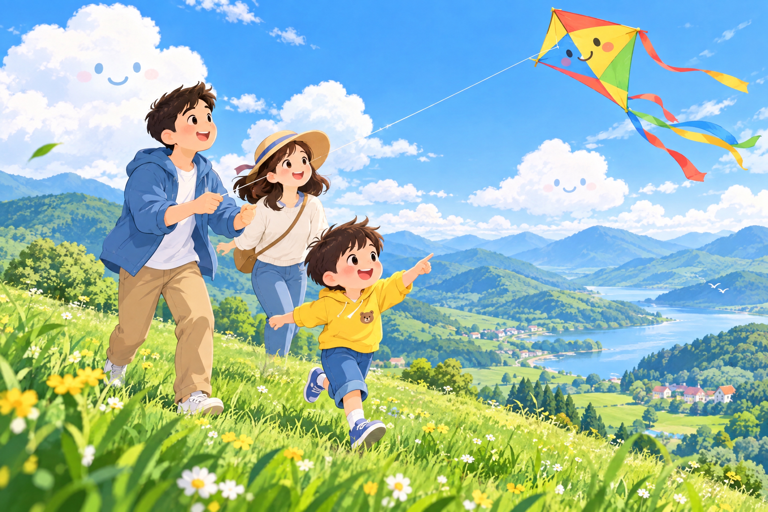 亲子互动场景，自然风光，美好活力，卡通插画风格，父母和孩子在山… - 图片创意预览