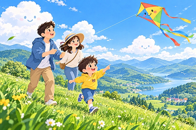 亲子互动场景，自然风光，美好活力，卡通插画风格，父母和孩子在山坡上放风筝，绿草如茵，远处有连绵的山丘和可爱的云朵，色彩鲜艳明快，形象可爱生动，充满童趣
