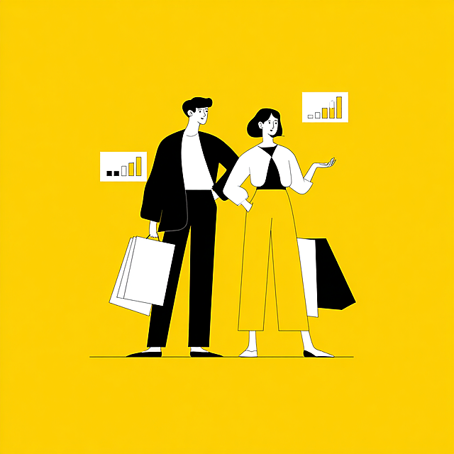 flat illustration, shopping theme, people shopping in mall, same style as reference: bright yellow background, minimalist black white flat vector, modern simple lines, one or two characters