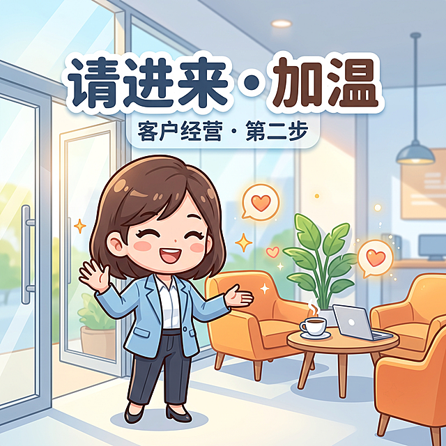 卡通形象设计，主题为客户经营三步走第二步“请进来 · 加温”，形象活泼可爱带有商务风格，画面包含清晰文字标注“请进来 · 加温”，整体明亮干净