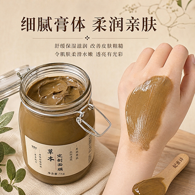 [主图-3] 质地与肤感展示，突出面膜膏体细腻质地和使用后的肌肤状态。
[统一基调] 整体中药风格，沉稳古朴不花哨，主色调为大地棕、米白、赭石色，点缀草本绿色；主标题用干净宋体，深棕色大字，辅助文字用同体系小字；整体光影柔和自然。
[画面] 左侧放置妃蜜诗草本面膜玻璃罐（打开状态，卡扣翻开），罐内棕褐色膏体清晰可见；右侧展示一只女性手部手背上涂抹了面膜膏体的特写，膏体细腻柔滑，有自然光泽，展示延展性和质地；旁边可放一把木质面膜勺，勺上沾有少量膏体；背景为浅米色或浅木色，干净不杂乱；整体呈现中药面膜的真实质地。
[光影质感] 柔和自然光，膏体质感真实细腻，手部皮肤纹理自然，玻璃罐通透有质感，阴影柔和。
[配色] 主色米白+大地棕+肤色，点缀草本绿，整体干净温暖，突出膏体的棕褐色和质地。
[文字版式] 上方主标题大字：「细腻膏体 柔润亲肤」；下方分两行小字卖点：「舒缓保湿滋润 改善皮肤粗糙」「令肌肤柔滑水嫩 透亮有光彩」；文字放在画面上方或侧边负空间，不遮挡膏体和手部特写。
[输出要求] 比例1:1，2048x2048，质地清晰可见，产品外观一致，文字清晰；负向：禁止医疗化夸张，禁止「温和」二字，禁止夸张P图前后对比，禁止错字，禁止花哨，禁止水印。