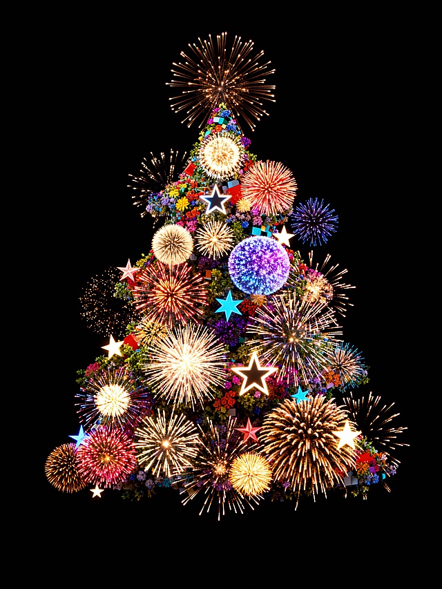 以多彩烟花堆叠成圣诞树，打破传统配色，借烟火的绚烂绽放感，融合节日的热闹与创意形态，营造出鲜活且极具视觉张力的圣诞氛围