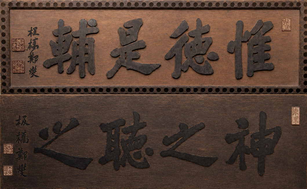 将这张黑白老匾额照片修复清晰，去除斑驳痕迹，填充自然真实的复古木匾色彩，保留原有书法文字和印章内容不变预览效果