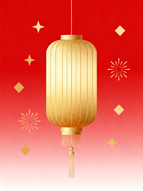 上下留白，左右留白，不要撑满整个画面，现代轻奢极简风 2026马年海报，纵向对称排版，视觉中心是一枚金色渐变的中式宫灯，表面带有细腻竖纹质感；周围点缀同色系几何装饰（星星、菱形、烟花图案）；背景为渐变预览效果