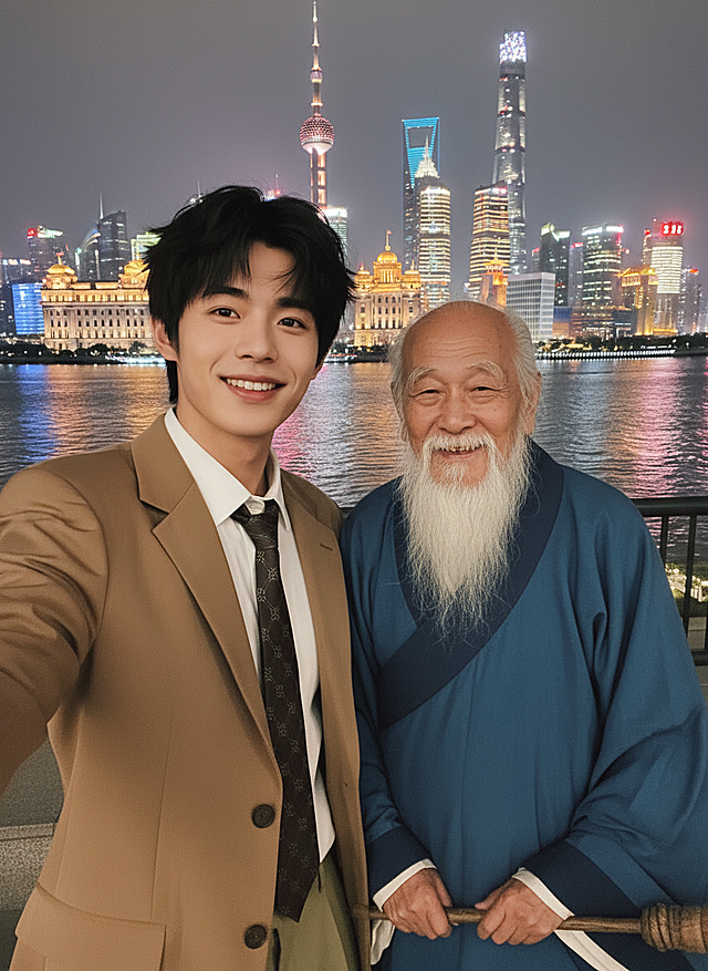 帮图1男生生成一张和图2人物在上海外滩的自拍合照，图2的人物要真实服装不变，图片要求真实感强，细节丰富，一张非常真实的合照