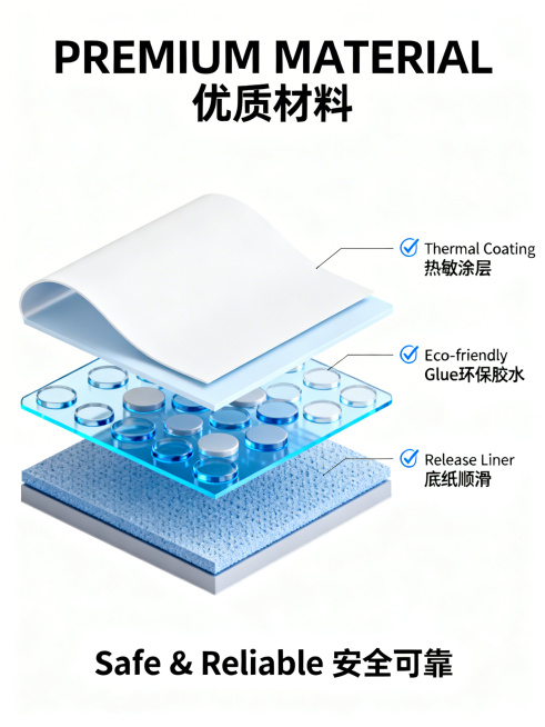 产品材质说明图，展示热敏标签的三层剖面结构：热敏涂层、环保胶水、底纸，顶部标题写"PREMIUM MATERIAL 优质材料"，三个对勾对应文案：'Thermal Coating 热敏涂层'、'Eco预览效果