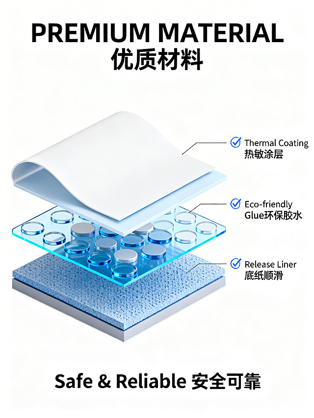 产品材质说明图，展示热敏标签的三层剖面结构：热敏涂层、环保胶水、底纸，顶部标题写"PREMIUM MATERIAL 优质材料"，三个对勾对应文案：'Thermal Coating 热敏涂层'、'Eco-friendly Glue 环保胶水'、'Release Liner 底纸顺滑'，底部写"Safe & Reliable 安全可靠"，白底简约科技感设计，结构清晰明了
