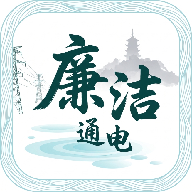 设计南通供电公司“廉洁通电”主题国风简约Logo，视觉核心是苍劲有力毛笔书法呈现的国网绿色“廉洁”大字，下方用稍小的清雅字体排列“通电”二字，形成清晰主次层级。背景是浅灰水墨风格的南通狼山与支云塔剪影预览效果