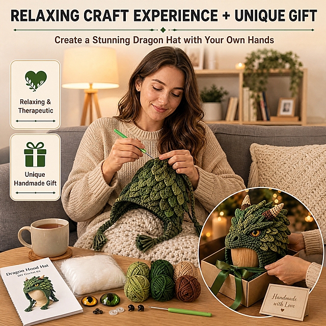 [主图-6 龙款DIY材料包] 主题：Relaxing Craft Experience & Unique Handmade Gift 放松手工体验+独特手作礼物。唯一任务：展示编织龙帽的治愈放松感，以及亲手做出的龙帽作为礼物的独特价值。
[统一基调] 跨境亚马逊风格，温暖治愈的手工编织场景，舒适居家环境，英文无衬线粗体标题字色为深炭灰，辅助说明字色为暖棕色，强调色用森林绿点缀图标和分隔线，卡片用米白色底+浅棕细边。
[画面] 画面为舒适的居家编织场景：一位欧美女性（25-35岁，自然棕色长发，穿米色宽松毛衣）坐在舒适的灰色沙发上，腿上盖着针织毯，正悠闲地用深绿色毛线和绿色钩针钩织龙帽的鳞片部分。她面带放松的微笑，目光柔和地看着手中的编织作品，旁边的沙发扶手上放着一杯热茶、材料包配件（毛线团、填充棉、龙眼配件）和教程手册。背景是温馨的客厅：落地灯暖光、书架、绿植、针织靠垫。左侧有2个竖排图标卡片：上方是心形图标配"Relaxing & Therapeutic"，下方是礼物盒图标配"Unique Handmade Gift"。右下角小窗展示一双正在包装亲手完成的3D绿色龙帽的手，放入礼品盒系上森林绿丝带，旁边有一张写着"Handmade with Love"的卡片，暗示送礼场景。人物展示上半身，重点突出手部编织动作和放松状态。产品占画面约50%。
[光影质感] 温暖的室内暖光，落地灯营造柔和氛围，人物面部光线均匀，毛线编织纹理清晰，整体舒适治愈。
[配色] 背景暖棕+米白+灰调家居，龙帽绿色系，文字深灰+暖棕，强调色森林绿。
[文字版式] 顶部大标题："RELAXING CRAFT EXPERIENCE + UNIQUE GIFT"；副标题："Create a Stunning Dragon Hat with Your Own Hands"；图标卡片配英文短句。
[输出要求] 1:1正方形，2048x2048，2K分辨率，文字清晰，人物自然。负向：变形、错字、模糊、杂乱、水印、平台Logo、中文、悬浮、穿模、人物面部扭曲、畸形手、灰色系、狼款元素、龙造型错误。