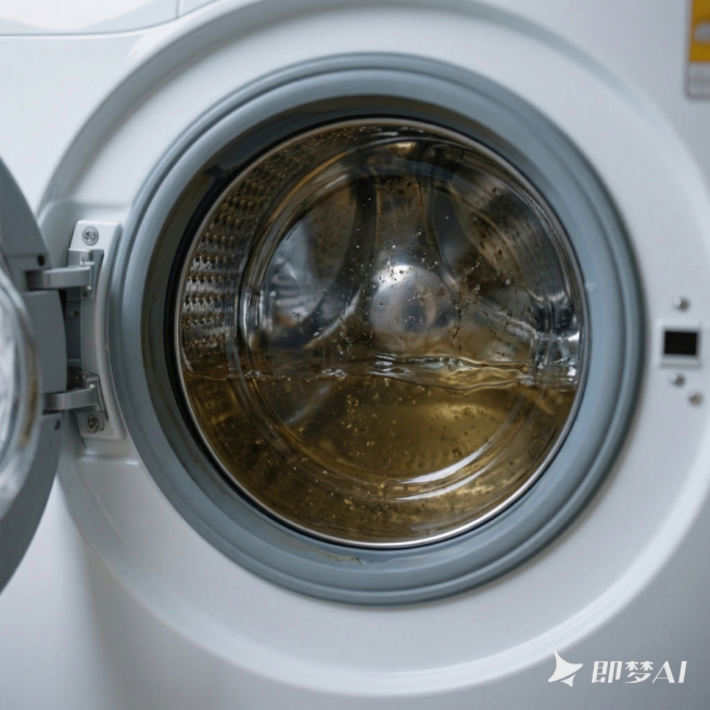 参照原图滚筒洗衣机结构，将机盖修改为关闭状态，保持洗衣机机身结构不变，洗衣机内槽倒入了清洁剂，内槽里的水呈现浑浊暗黄色，能看出内槽长期积累的污垢溶解在水中，整体为商业摄影，保持产品主体结构不变，使用经预览效果
