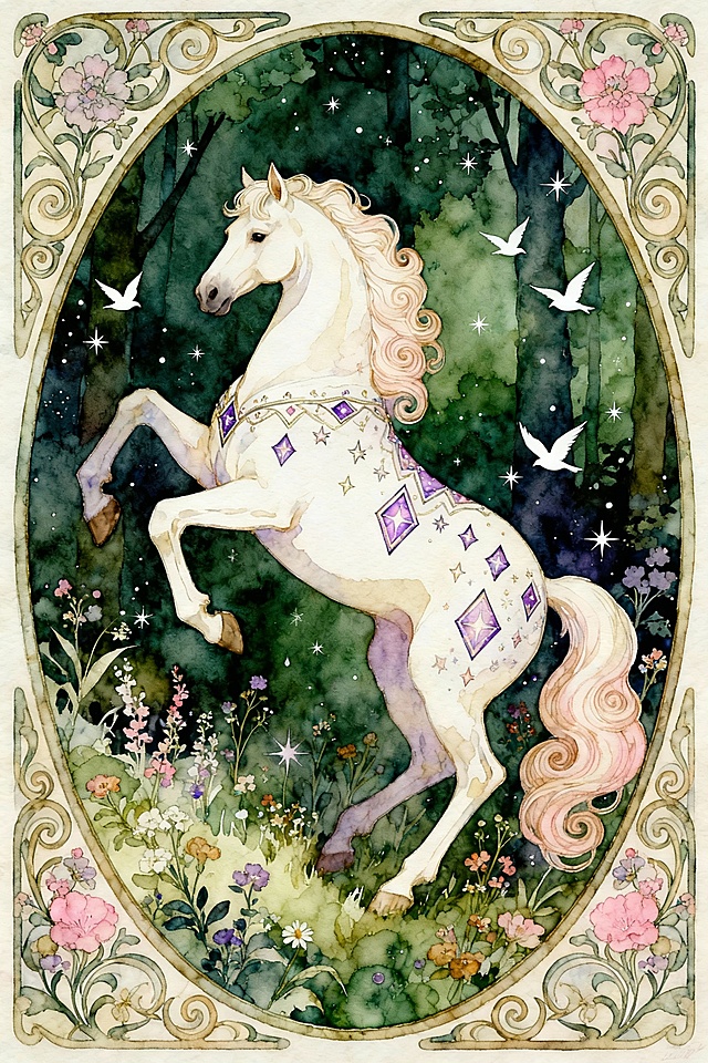 梦幻水彩插画，穆夏风格边框环绕，白骏马踏星而立，花丛与飞鸟点缀夜林，超现实浪漫诗意。