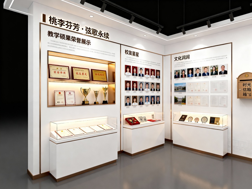 实文化一小校史展厅
序厅：时光之门・精神序章​
核心视觉​
主形象墙，镌刻校训 “崇德笃学 砺行致远”，下方嵌入地面投影时间轴，流动呈现建校以来关键年份。中央设置全息投影装置，循环播放由师生共同拍摄的预览效果