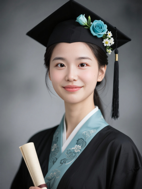 女生证件照，黑色学士袍，内衬是天青色汉服，鬓角和帽子上簪青色洋桔梗和青色玫瑰、白色小花，学士帽穗子，手执卷轴，领口复古花纹，黑灰色朦胧背景。预览效果