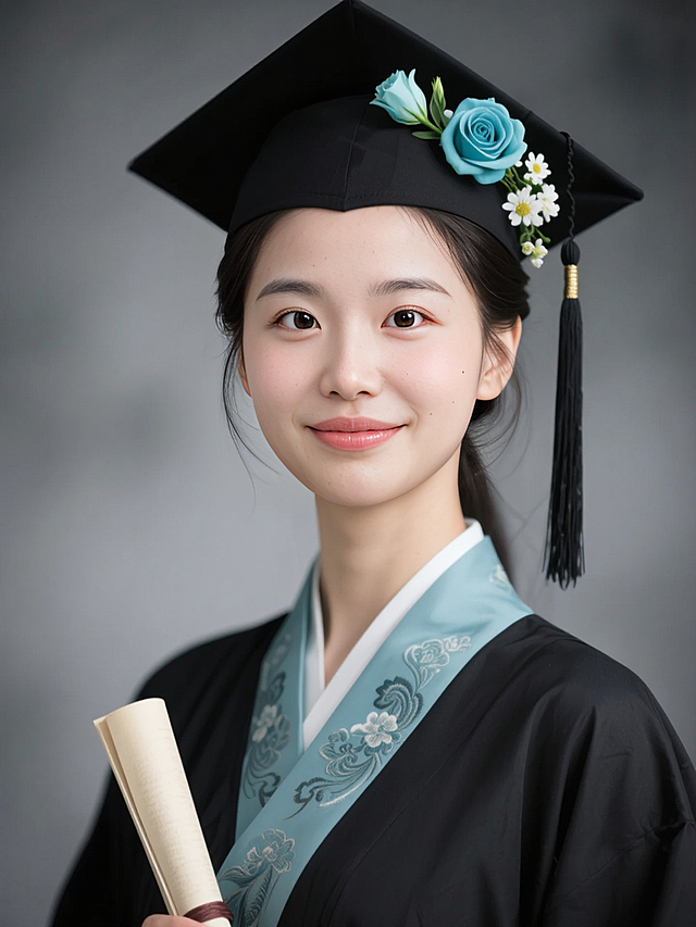 女生证件照，黑色学士袍，内衬是天青色汉服，鬓角和帽子上簪青色洋桔梗和青色玫瑰、白色小花，学士帽穗子，手执卷轴，领口复古花纹，黑灰色朦胧背景。