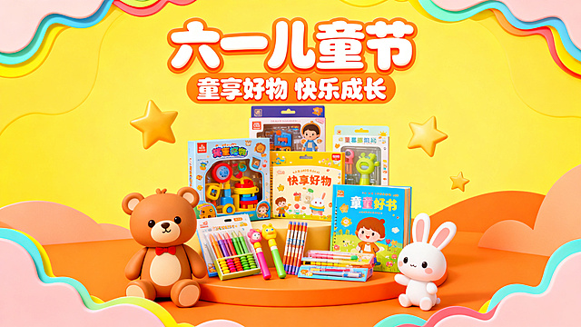 六一儿童节主题促销海报，以儿童产品为核心，风格活泼童趣，色彩鲜艳明亮，充满节日欢快氛围，有可爱的卡通元素和装饰边框，包含大标题"六一儿童节"和副标题"童享好物 快乐成长"，整体设计清新吸引人，横版构图。