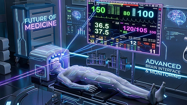 将这张医疗科技相关的图片设计为科技感海报，整体未来感十足，画面精致清晰，添加科技线条与光效点缀，风格高级简约，保留原核心元素