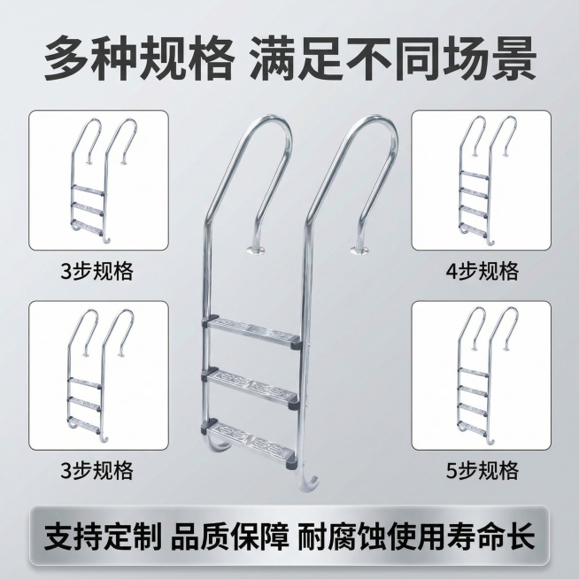 主图主题：多种规格可选选购指南
氛围风格：简约清晰，信息明确
画面元素：展示不同步数规格的扶梯小型预览图（3步/4步/5步）整齐排列，原图产品居中放大展示，整体干净有序
配色色系：浅灰色背景，银色主体预览效果