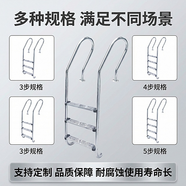 主图主题：多种规格可选选购指南
氛围风格：简约清晰，信息明确
画面元素：展示不同步数规格的扶梯小型预览图（3步/4步/5步）整齐排列，原图产品居中放大展示，整体干净有序
配色色系：浅灰色背景，银色主体，深灰色文字，清晰明快
视角构图：整体排版，布局平衡
文字版式：顶部主标题"多种规格 满足不同场景"，下方对应每种规格标注对应名称，底部设置半透明悬浮条，服务提示文字：支持定制 品质保障 耐腐蚀使用寿命长，所有文字不遮挡产品展示区
分辨率：2k