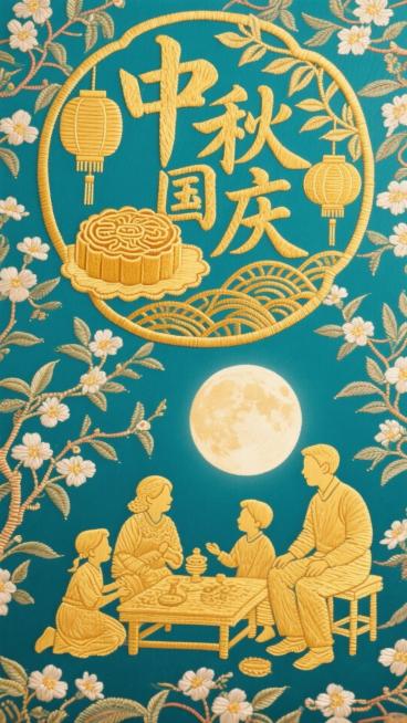 中国剪纸风格，红色镂空设计，中心对称构图。上方为金色“中秋国庆”剪纸字体，字内嵌入月饼、灯笼、天安门剪影；下方剪出全家围坐赏月场景，背景留白点缀桂花纹样。传统红白配色，4K超清细节，吉祥寓意预览效果