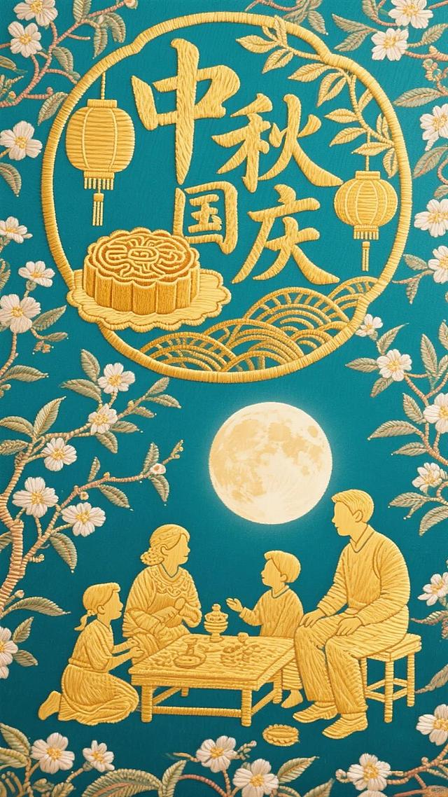 刺绣风与工笔风结合，金线勾勒中秋团圆场景，国潮元素融入传统纹样，浮雕质感凸显喜庆温馨，尽显中式复古民族韵味。