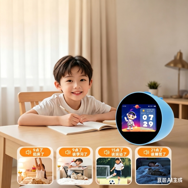 将图中桌子上的白色圆形产品替换成图二的蓝色圆形儿童闹钟，保持原有场景和构图不变，更换下方四个小图中的人物形象，保持人物原动作和场景不变预览效果