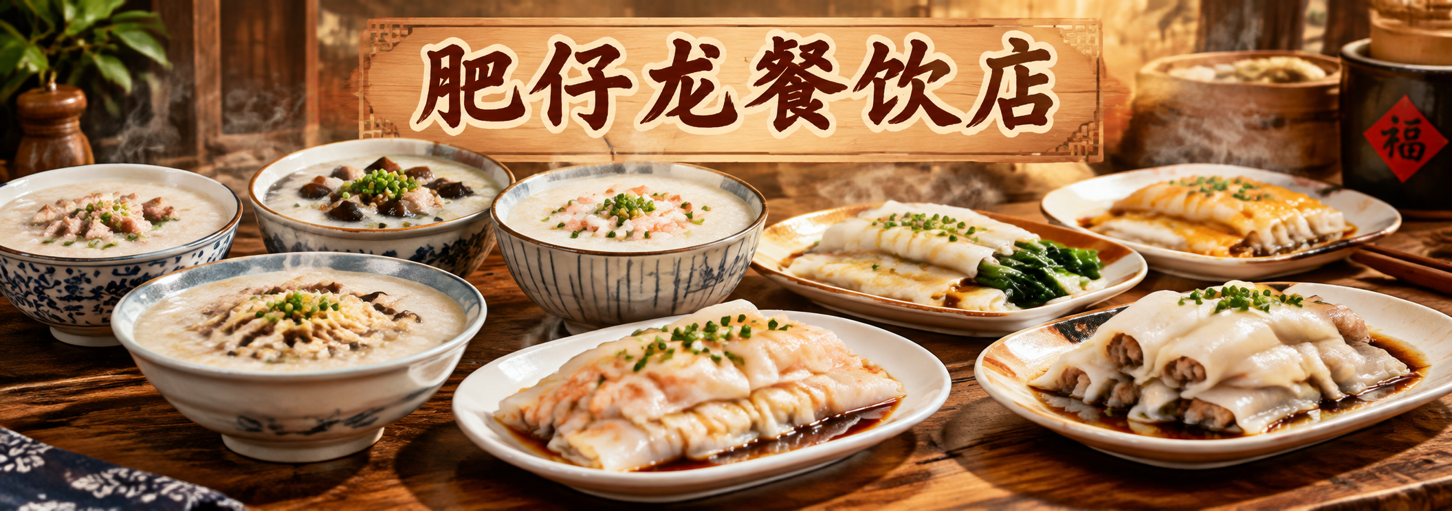餐饮店海报设计，店名"肥仔龙餐饮店"，粥和肠粉主题，写真风格，… - 图片创意预览